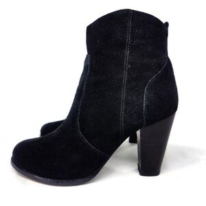 Joie Dalton Black Suede Leather Lined Stacked Wood Block High Heel Ankle Boots